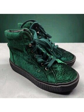 Qupid Green Velvet Platform Creeper Boots High Top Ankle Lace Up Womens Size 5